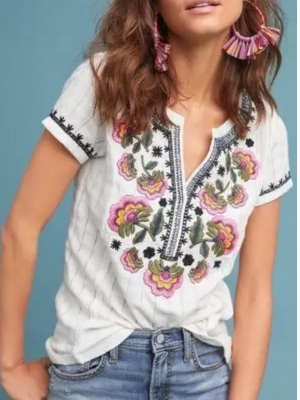 Anthropologie Akemi + Kin Embroidered Floral Boho Top Small Gauze Cotton White